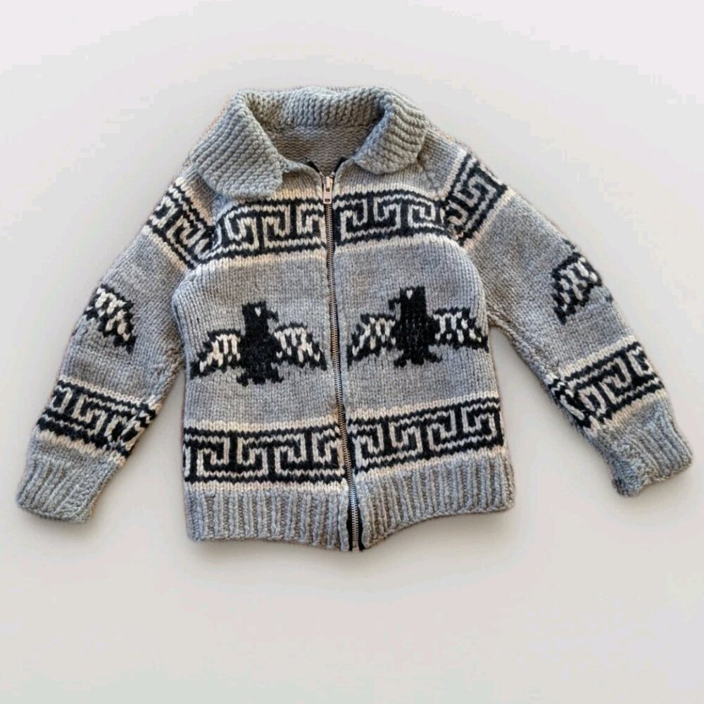 Vintage Cowichan Sweater Wool Zip Thunderbird Bird Women’s M Hand Knit Handmade